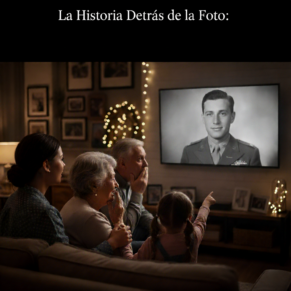 Familia viendo un retrato antiguo en la televisión