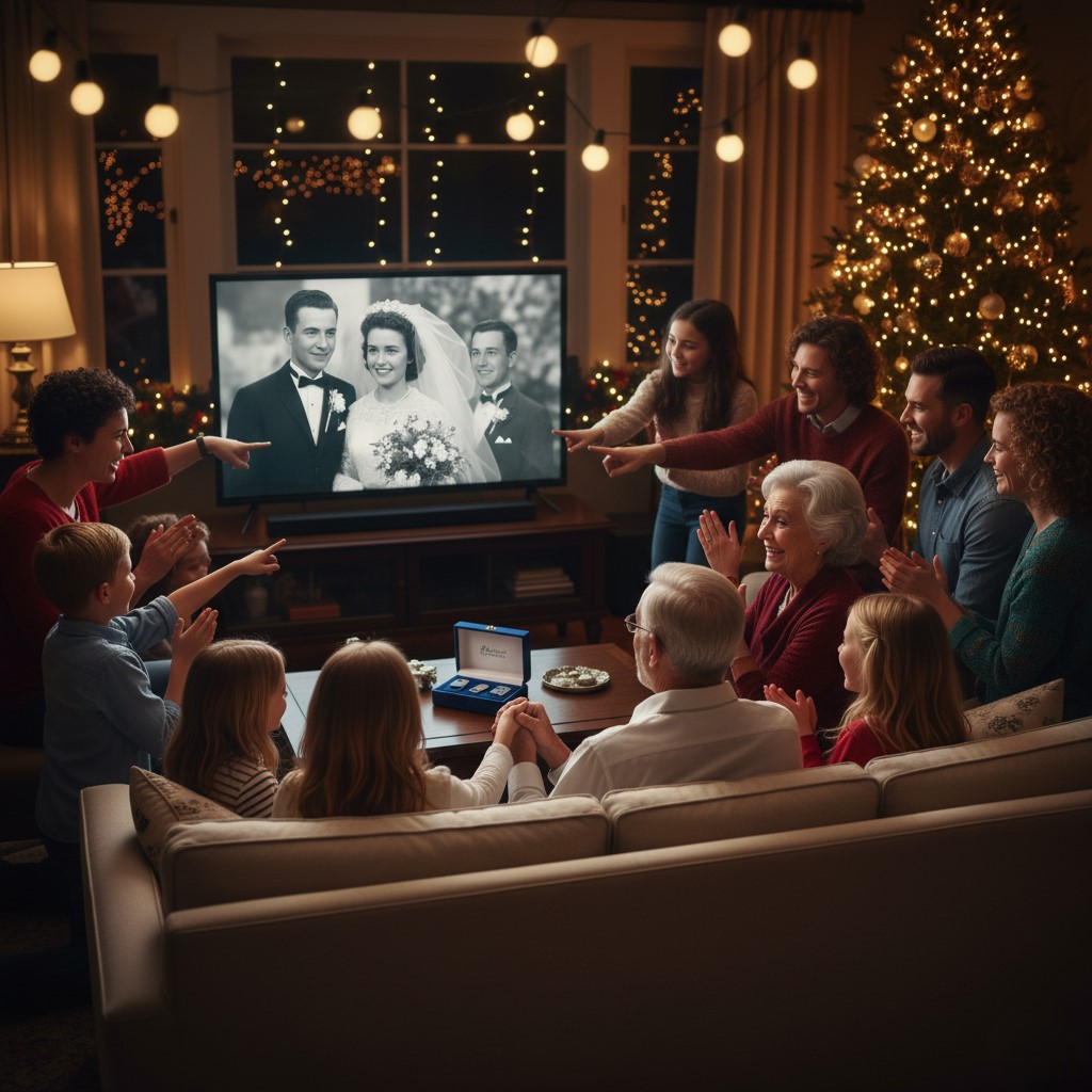 Familia reunida en Navidad viendo un video de recuerdos